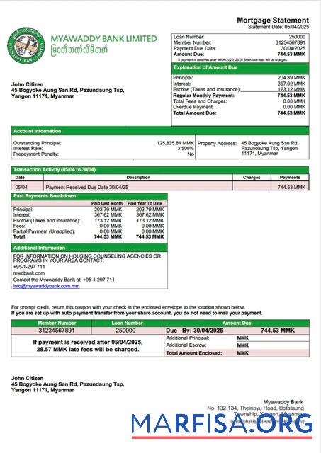 Printable Myanmar Myawaddy Bank mortgage statement Word and PDF template